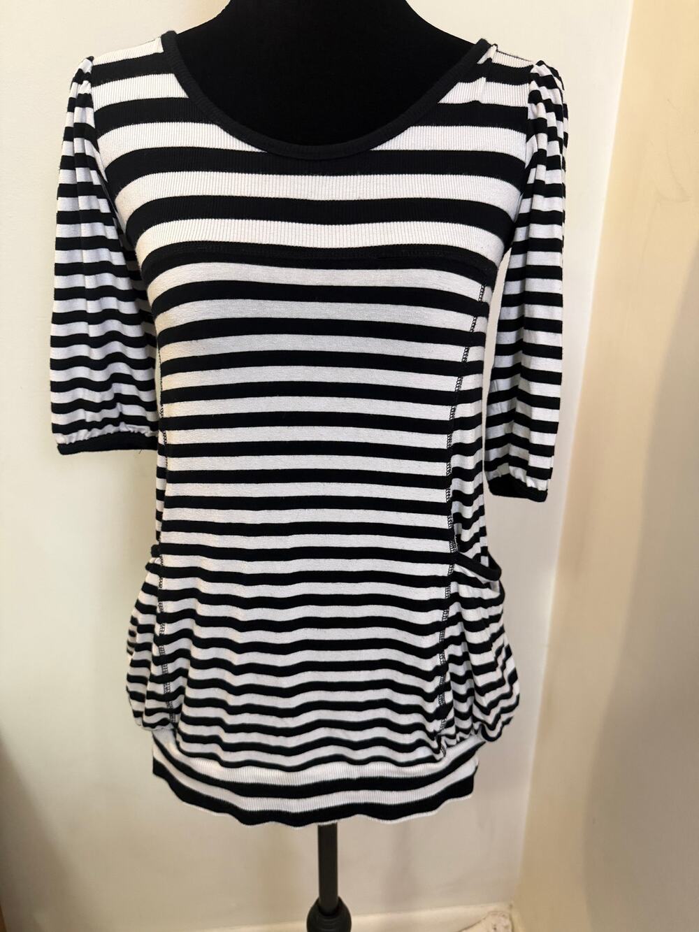 NEXT Women’s Black White Striped 3/4 Sleeve Pocket Tunic Top S/M